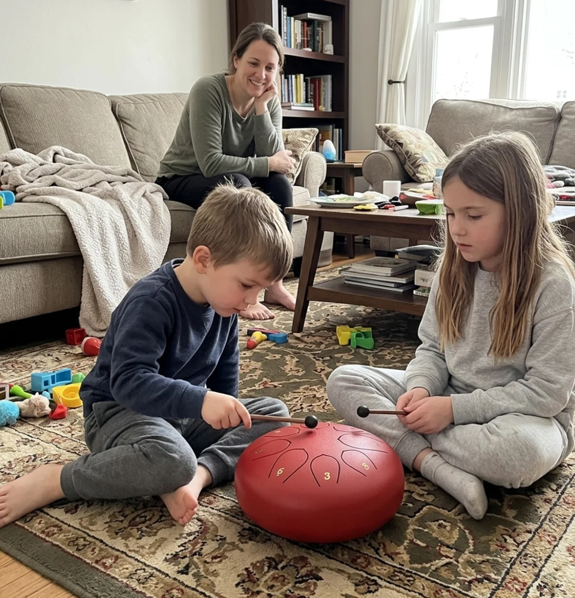 Two children playing a red Calm Drum on the living-room rug while their mother watches