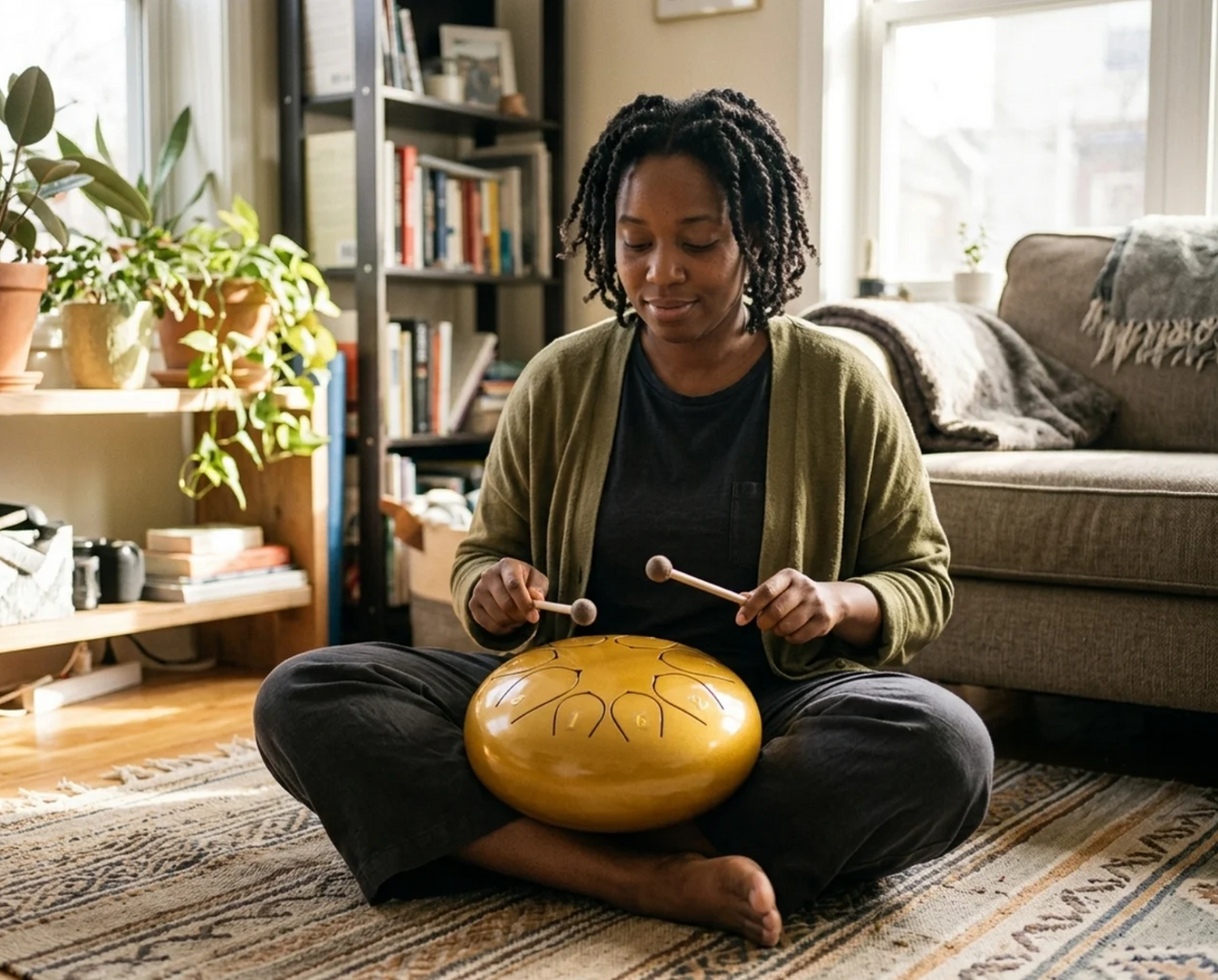 A woman sitting cross-legged on her living-room floor playing a yellow Calm Drum
