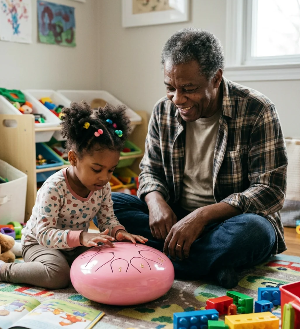 A father and his daughter playing a pink Calm Drum in a playroom