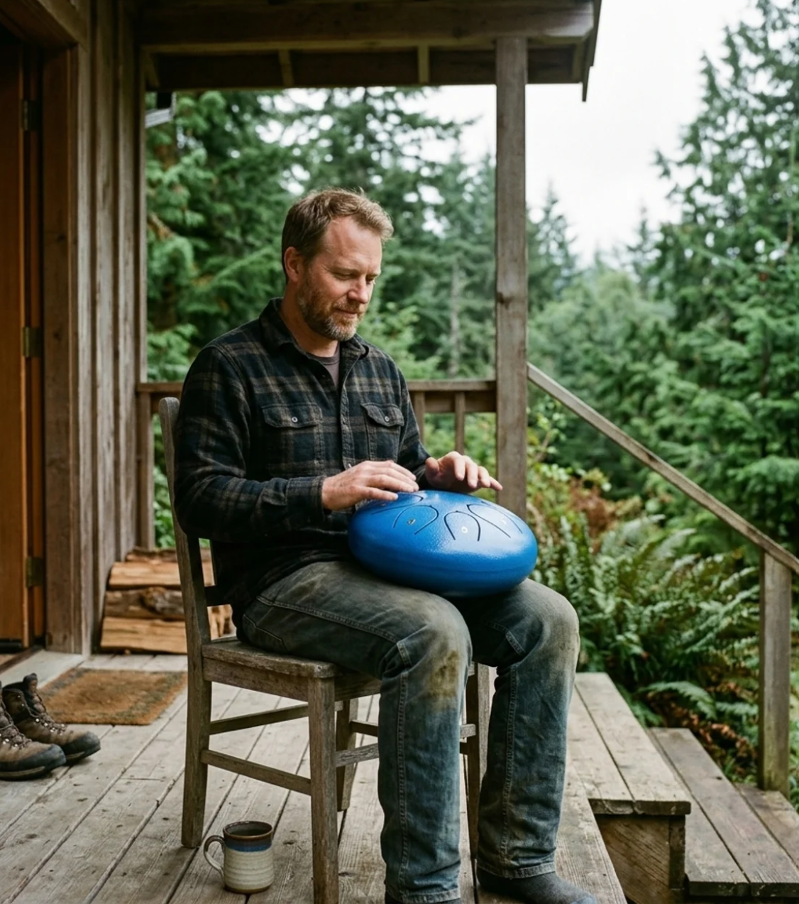 A man playing the drum on his lap on a porch above an evergreen forest