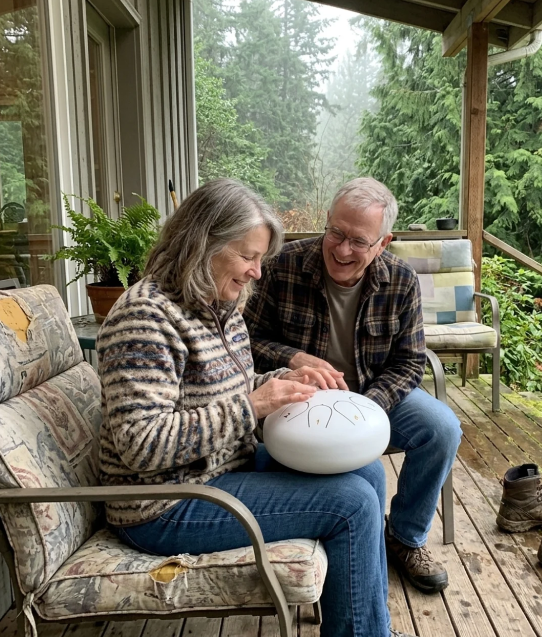 An older couple playing a white Calm Drum together on their porch