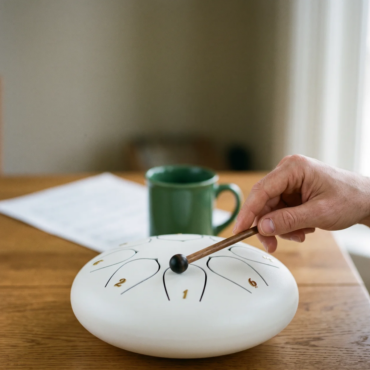 A hand tapping one tongue of a white drum beside a green mug